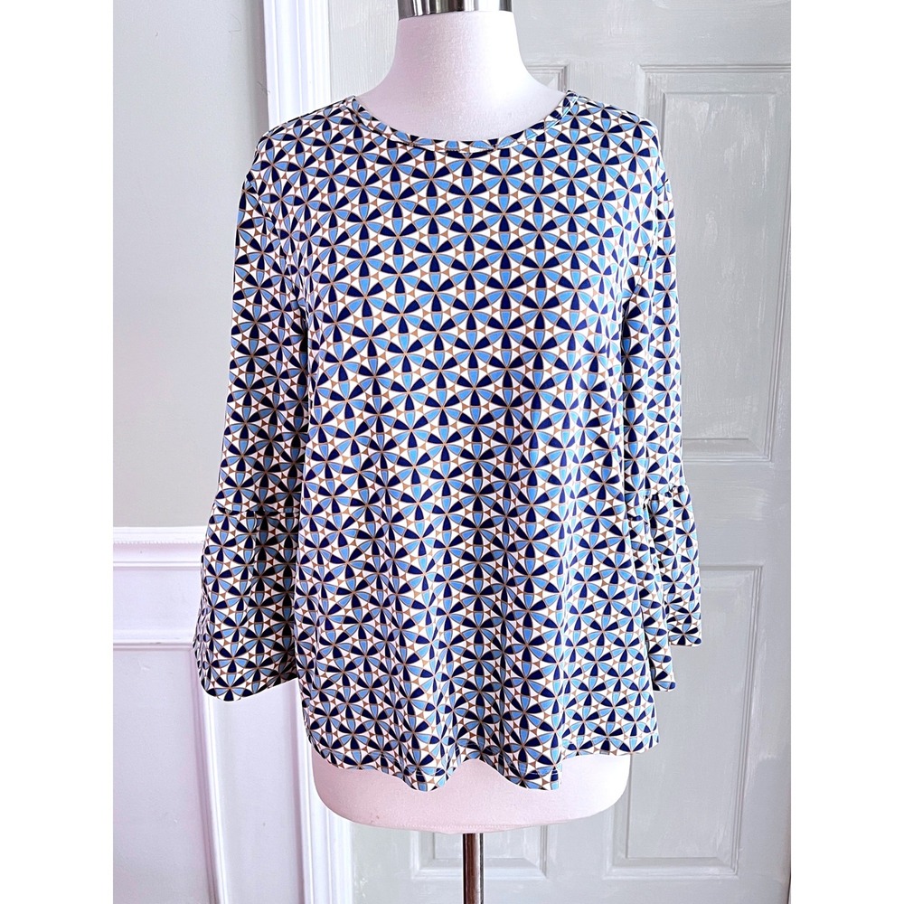 J.McLaughlin Blouse XL Women Ruffle Bell Sleeve Geometric Blue Preppy Retro